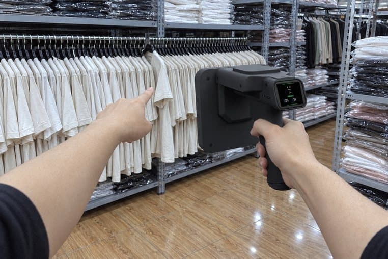 Hình minh hoạ: đứng xa chĩa máy quét RFID vào cả sào áo giống nhau, tay chỉ vào đúng chiếc vừa dò ra
