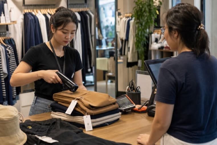 Nhân viên cửa hàng thời trang cầm máy đọc RFID rà lên chồng quần áo gấp trên quầy