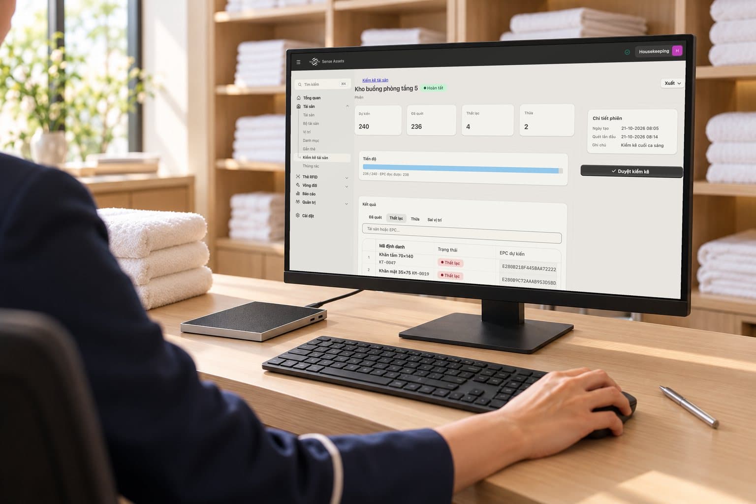 Hình minh hoạ: nhân viên giám sát buồng phòng xem kết quả kiểm kê trên phần mềm Sense Assets ở máy tính để bàn, đầu đọc RFID để bàn đặt cạnh bàn phím