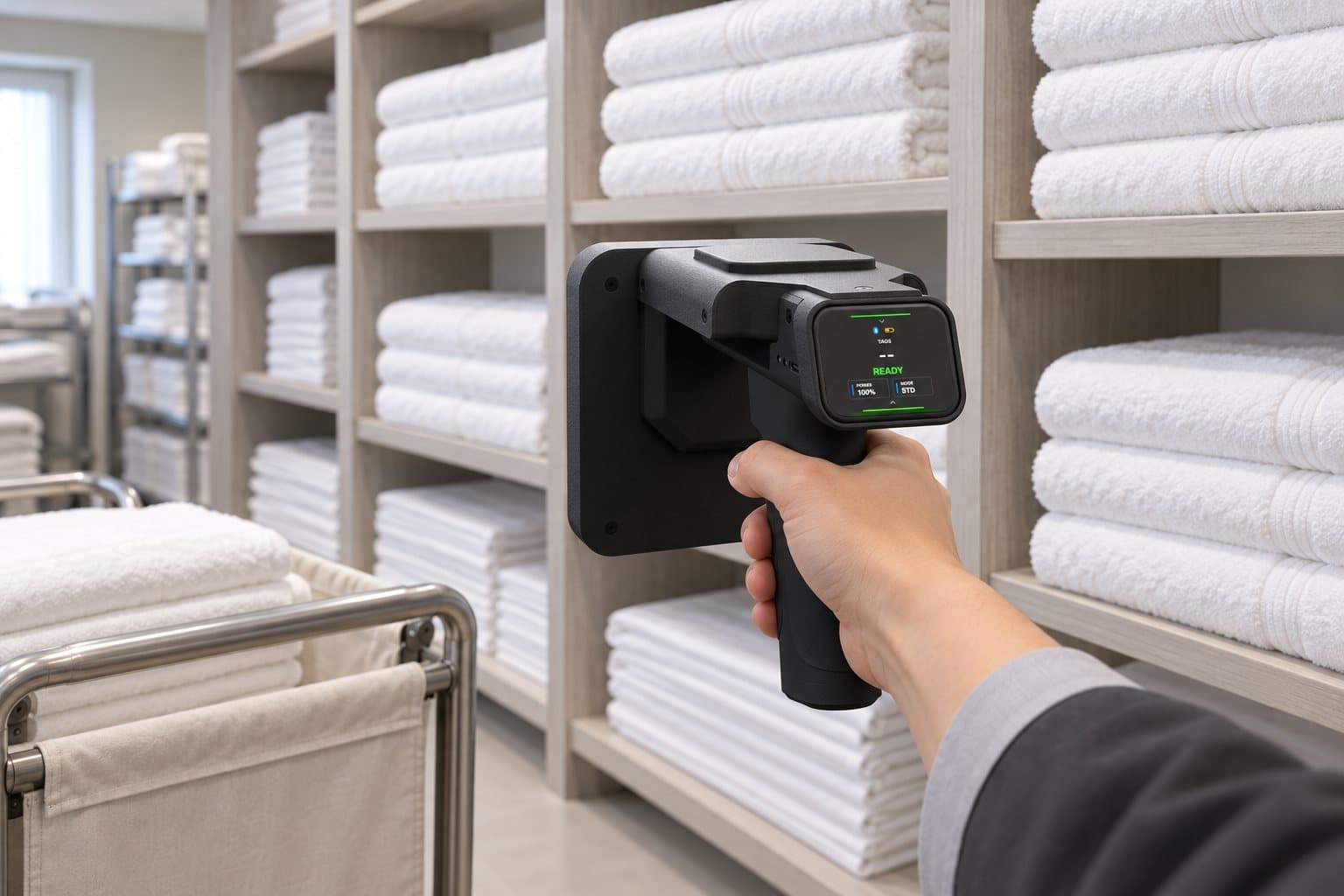 Hình minh hoạ: tay nhân viên buồng phòng cầm máy quét RFID, hướng vào kệ khăn sạch và xe đẩy khăn