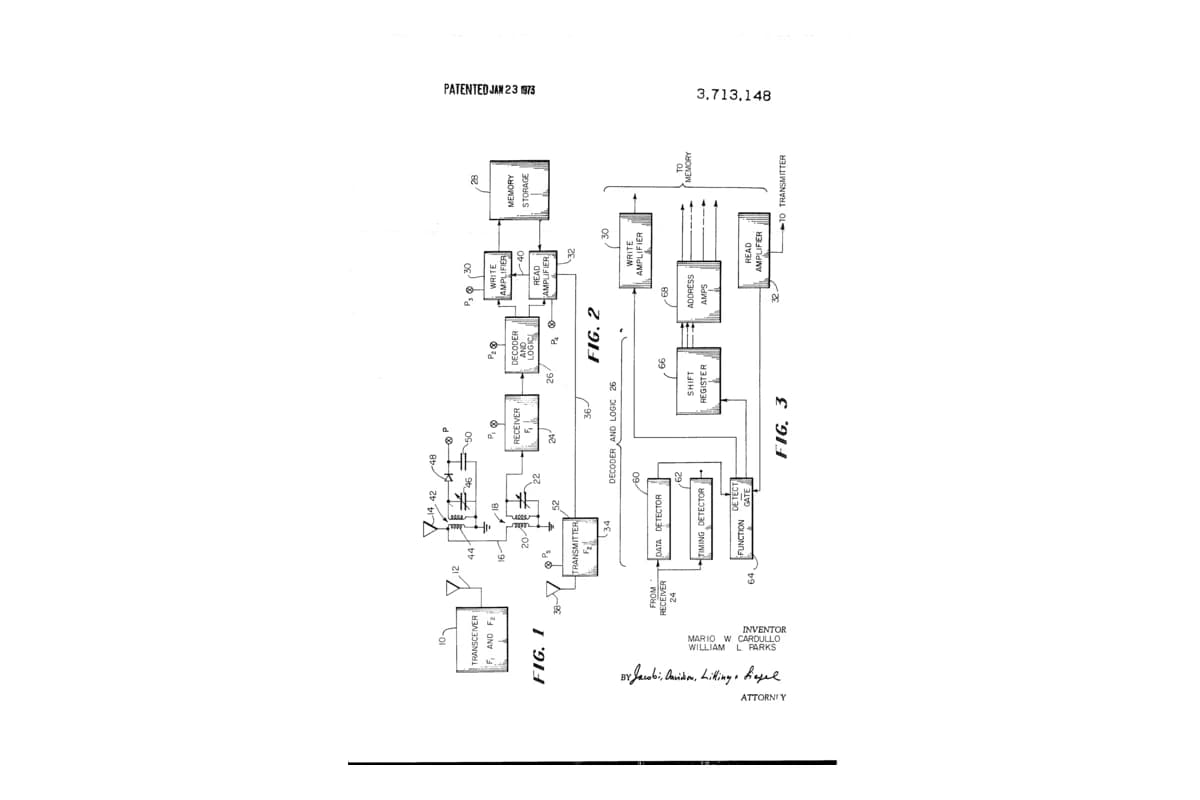 Patent drawing from Mario Cardullo's transponder apparatus and system patent