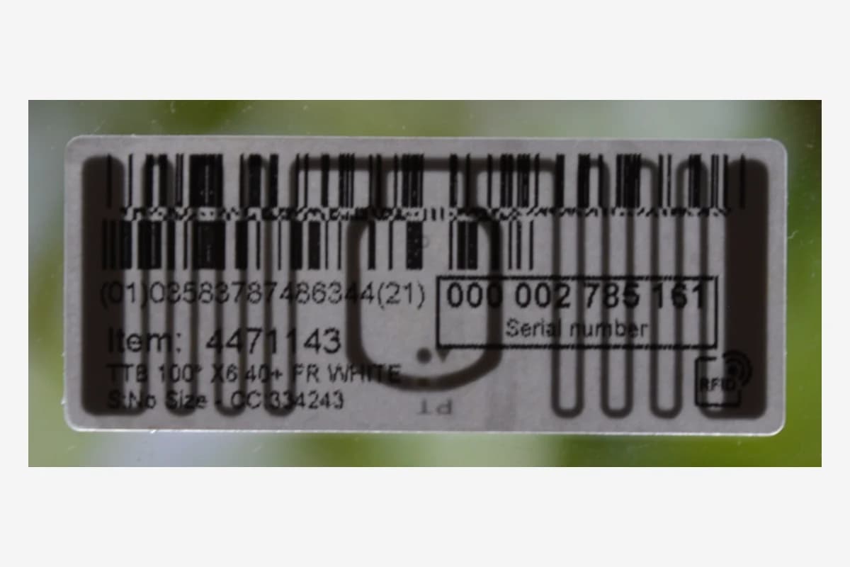 RFID tag visible inside a product label when backlit
