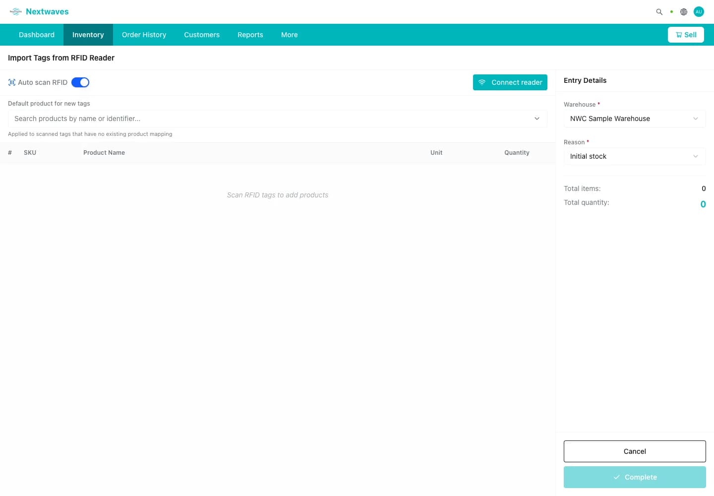 Easy Inventory screen importing a spreadsheet that links RFID tag IDs to asset records