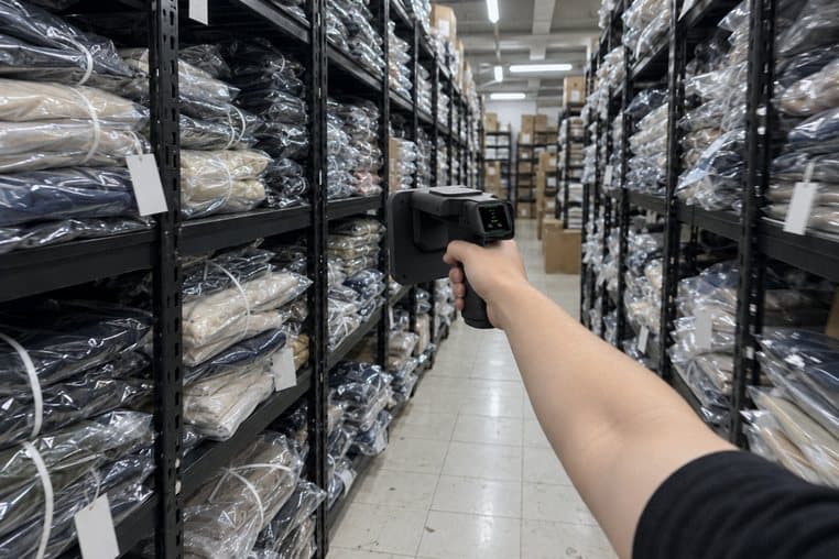 Hình minh hoạ: rà máy quét RFID cầm tay dọc lối đi giữa hai dãy kệ hàng đóng túi
