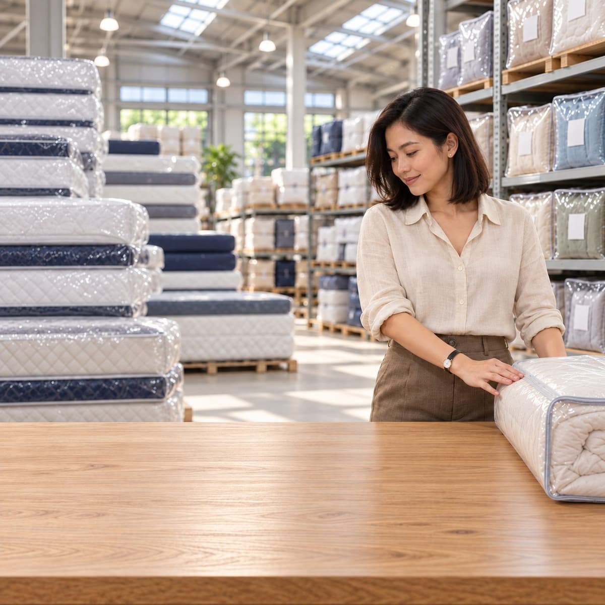 Hình minh hoạ: chủ kho nệm, chăn ga đứng bên bàn gỗ trong kho, bộ kit RFID đặt trên bàn