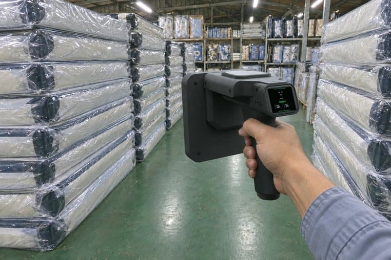 Hình minh hoạ: rà máy quét RFID cầm tay dọc lối đi giữa hai dãy chồng nệm cao