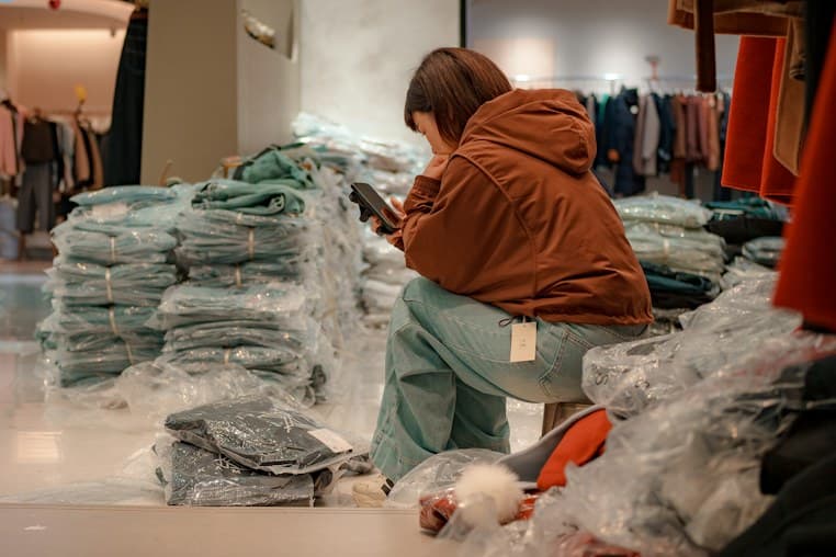 Nhân viên shop ngồi giữa các chồng quần áo đóng túi, xem đơn trên điện thoại